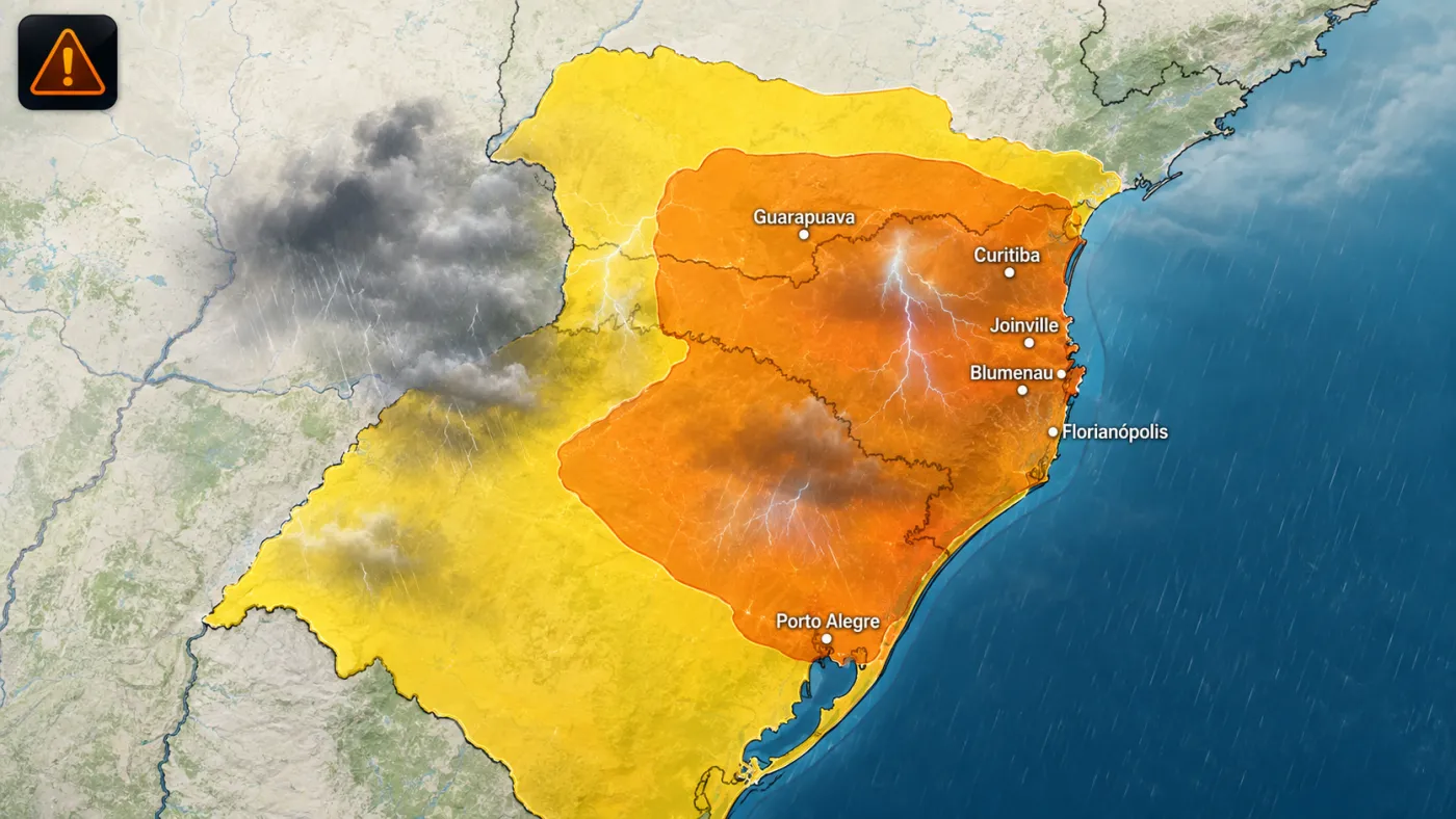 INMET mantém áreas da Região Sul sob alertas amarelo e laranja de tempestade, com possibilidade de chuva intensa, granizo e rajadas de vento de até 100 km/h.