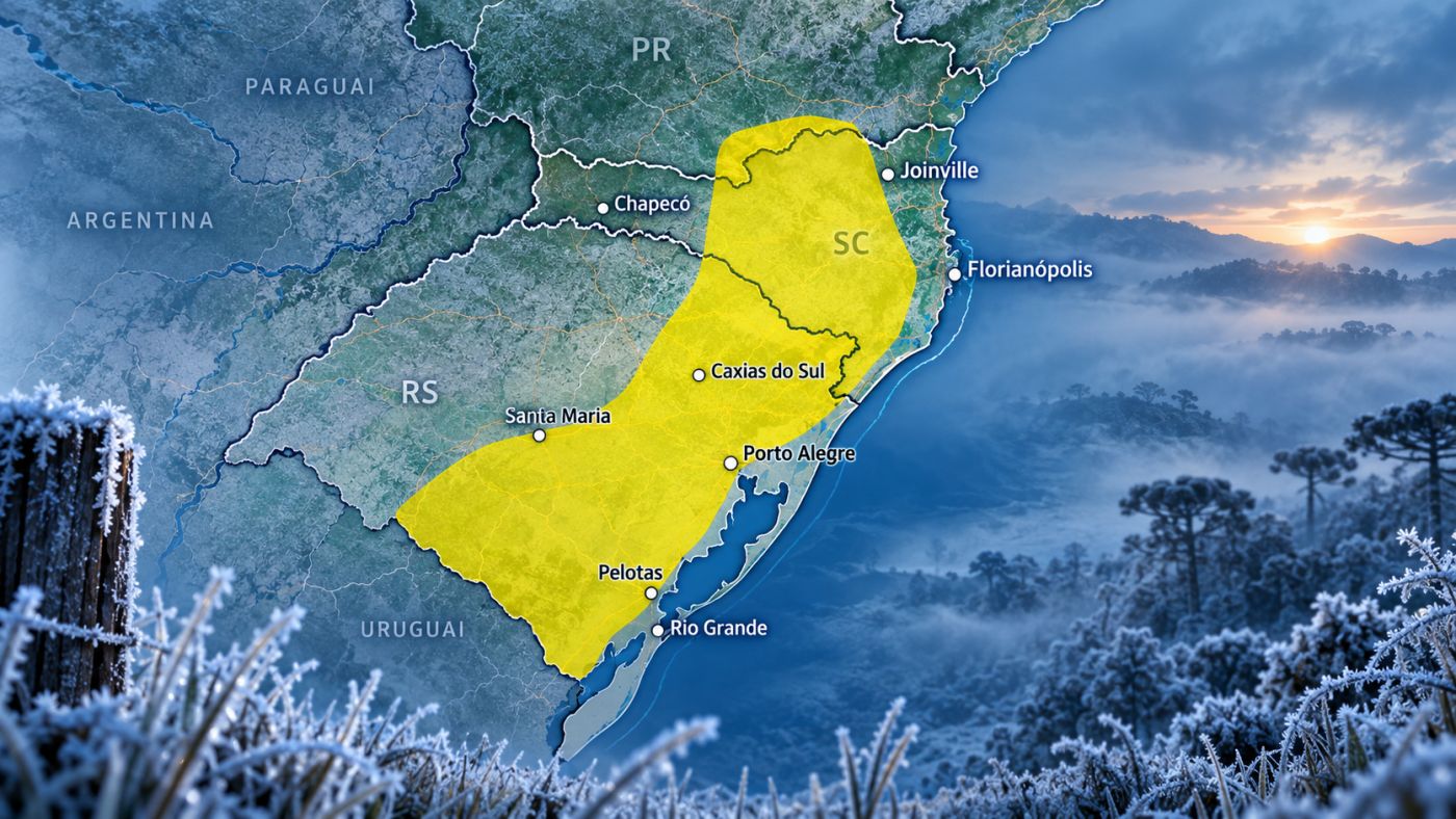 INMET emitiu alerta de geada para áreas do Rio Grande do Sul, Santa Catarina e Paraná na madrugada e manhã do feriado de 7