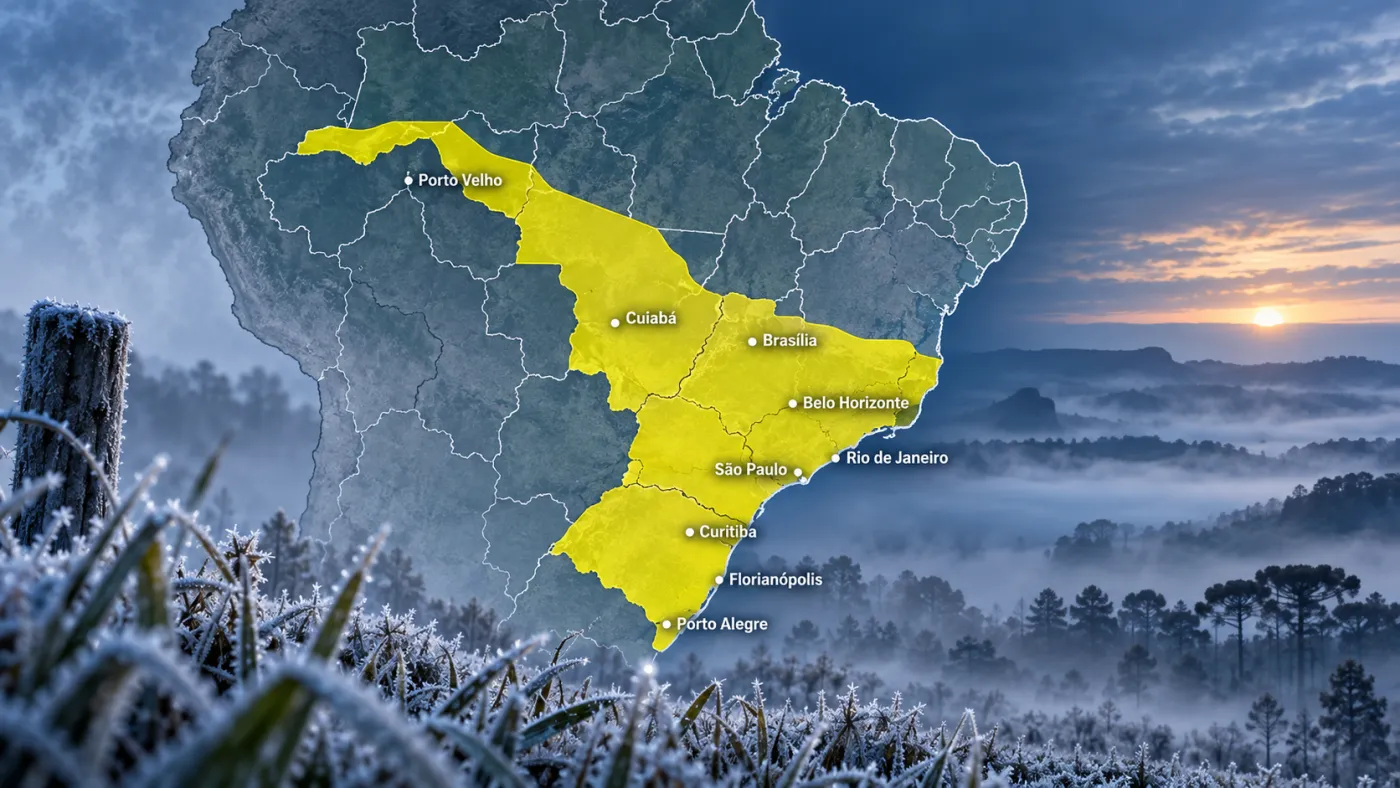 Alerta do INMET indica queda de temperatura entre 3°C e 5°C em áreas de 14 estados e do Distrito Federal entre domingo (6) e segunda-feira (7).