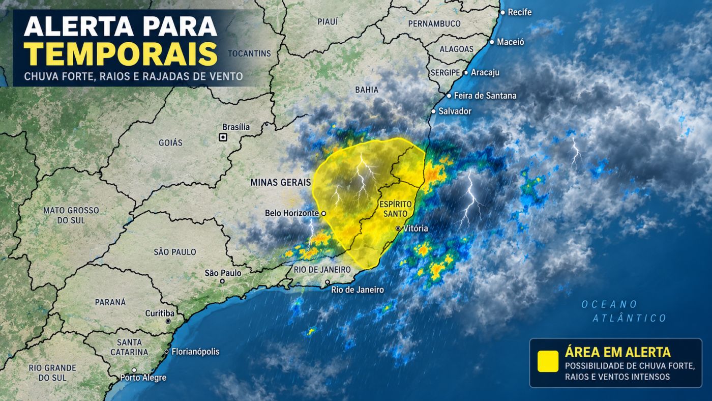 INMET emitiu aviso de perigo potencial para tempestades nesta quarta-feira (16), com previsão de chuva forte, ventos de até