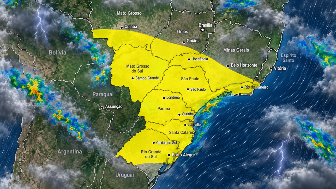 Mapa mostra a extensa área do Centro-Sul do Brasil incluída no alerta de tempestade do INMET para esta quinta-feira (10).
