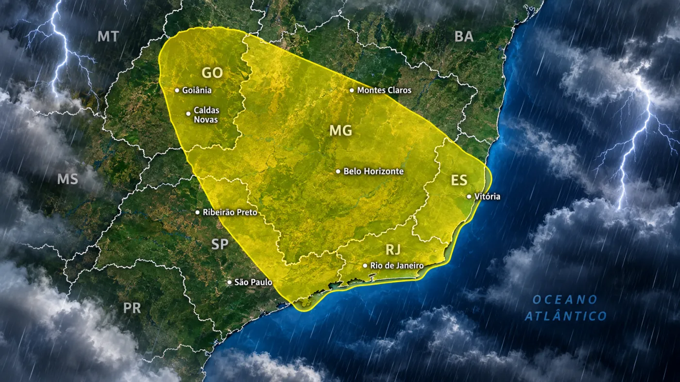 INMET emitiu alerta amarelo de tempestade para áreas de cinco estados nesta terça-feira (15), com previsão de chuva forte, ventos de até 60 km/h e possibilidade de granizo.