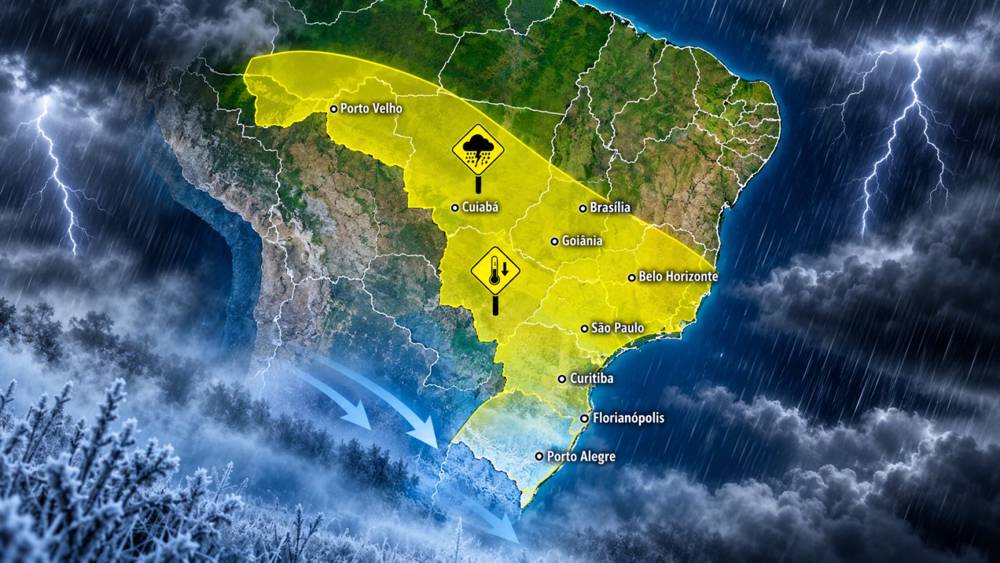 INMET emitiu alertas de tempestade e declínio de temperatura para este domingo (6), com impacto em áreas de 14 estados e do