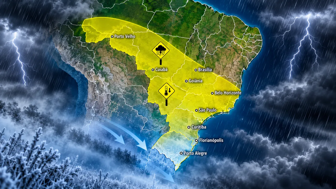 INMET emitiu alertas de tempestade e declínio de temperatura para este domingo (6), com impacto em áreas de 14 estados e do Distrito Federal.