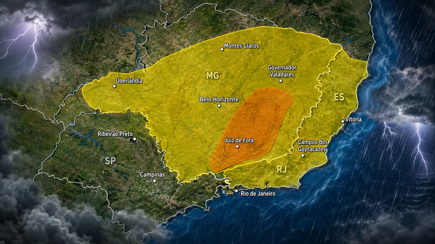 INMET emite alertas amarelo e laranja para tempestades nesta quinta-feira (27), com previsão de chuva forte, granizo e rajadas de até 100 km/h.