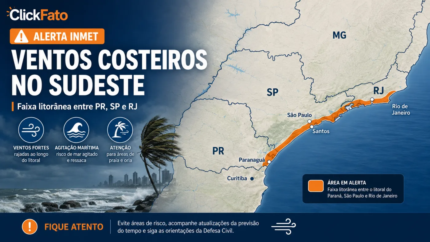 INMET emitiu alertas para ventos costeiros e tempestades em áreas da Região Sudeste.