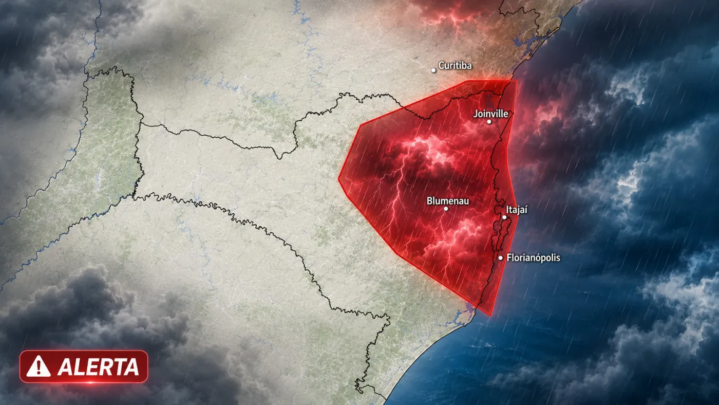 INMET emitiu alerta vermelho de grande perigo para áreas de Santa Catarina e Paraná, com previsão de chuva superior a 100 mm em um dia.