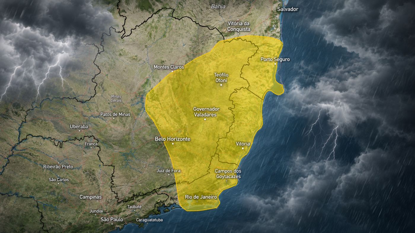 Alerta do INMET prevê chuva forte, rajadas entre 40 e 60 km/h e possibilidade de granizo em áreas de Minas Gerais, Espírito