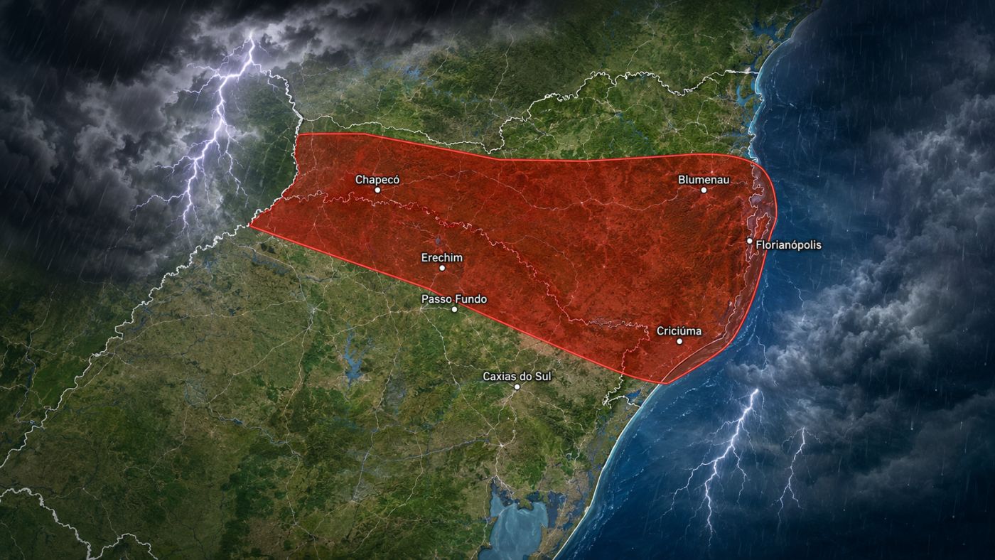 Alerta vermelho do INMET prevê tempestades severas, chuva acima de 100 mm, granizo e ventos superiores a 100 km/h em áreas