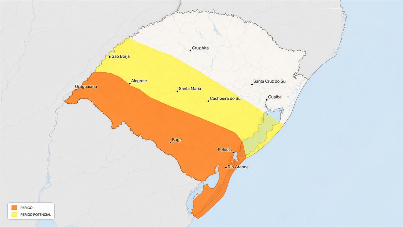 Mapa do Rio Grande do Sul com áreas laranja e amarela dos alertas de tempestade do INMET. Imagem ilustrativa gerada por IA