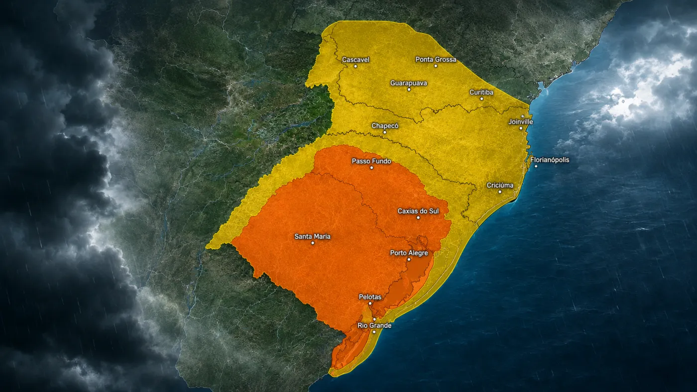 INMET mantém áreas do Rio Grande do Sul, Santa Catarina e Paraná sob alertas de tempestade nesta sexta-feira (28). Foto: Reprodução/INMET.