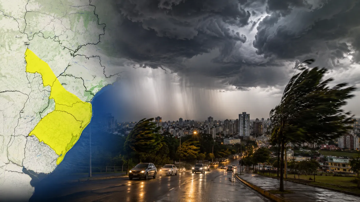 INMET prevê chuva intensa, granizo e rajadas de vento que podem chegar a 100 km/h nas áreas sob alerta.