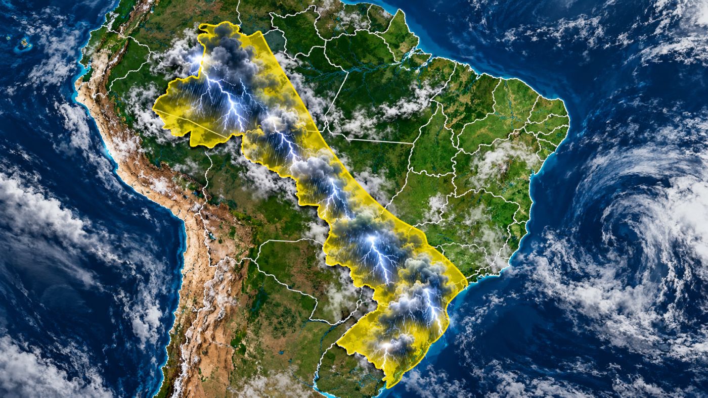 Imagem ilustrativa destaca áreas com risco de tempestades entre o Norte, Centro-Oeste e Sul do Brasil.