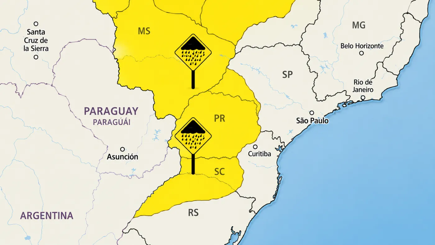 Mapa do INMET mostra áreas em alerta amarelo de tempestade para esta segunda-feira (11), com risco de chuva forte, ventos intensos e granizo.