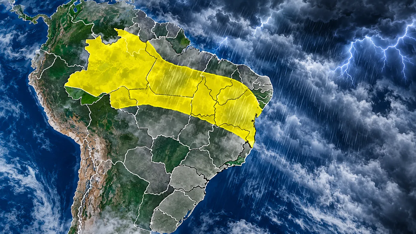 Alerta de chuvas intensas do INMET atinge uma extensa faixa do Norte, Nordeste e Centro-Oeste entre esta segunda (19) e terça-feira (20), com previsão de chuva forte e ventos de até 60 km/h. Imagem: Ilustração/ClickFato.