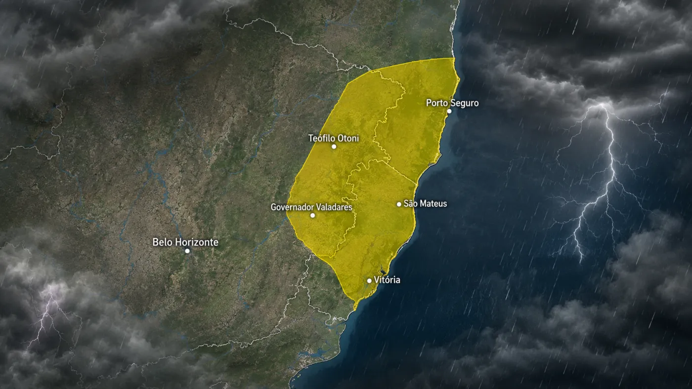 Alerta do INMET prevê chuva de até 50 mm por dia e ventos de até 60 km/h em áreas de Minas Gerais, Espírito Santo e Bahia até quarta-feira (3).