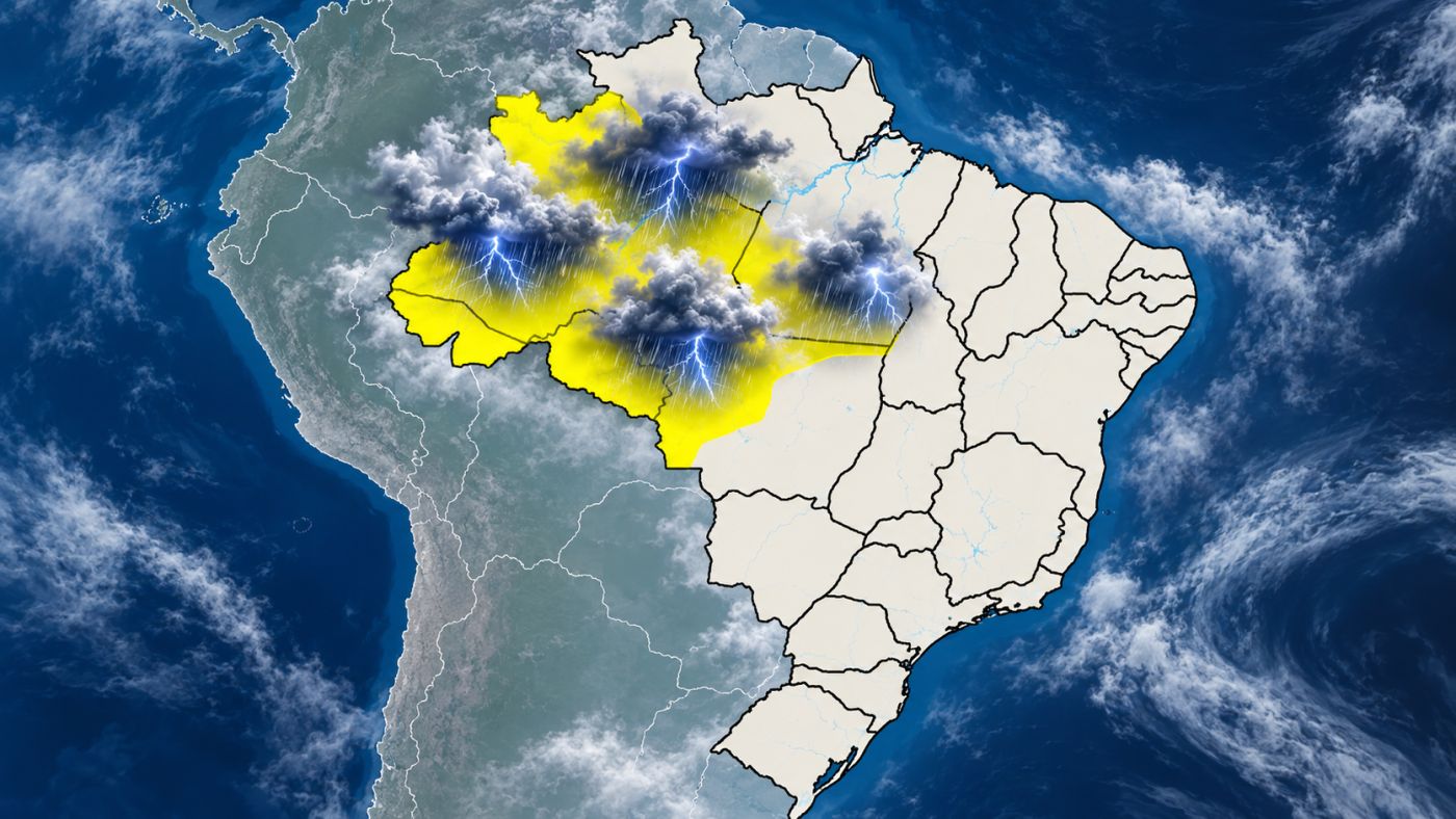 INMET alerta para chuvas intensas nesta quarta-feira (21) em áreas do Acre, Amazonas, Rondônia, Pará, Mato Grosso e