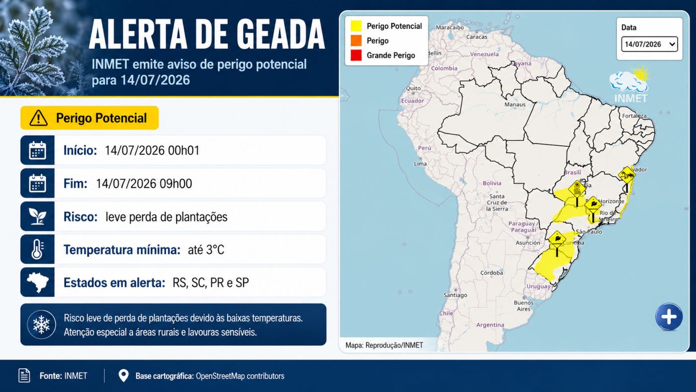 Alerta de geada para áreas do Sul e de São Paulo — Foto: Reprodução/INMET
