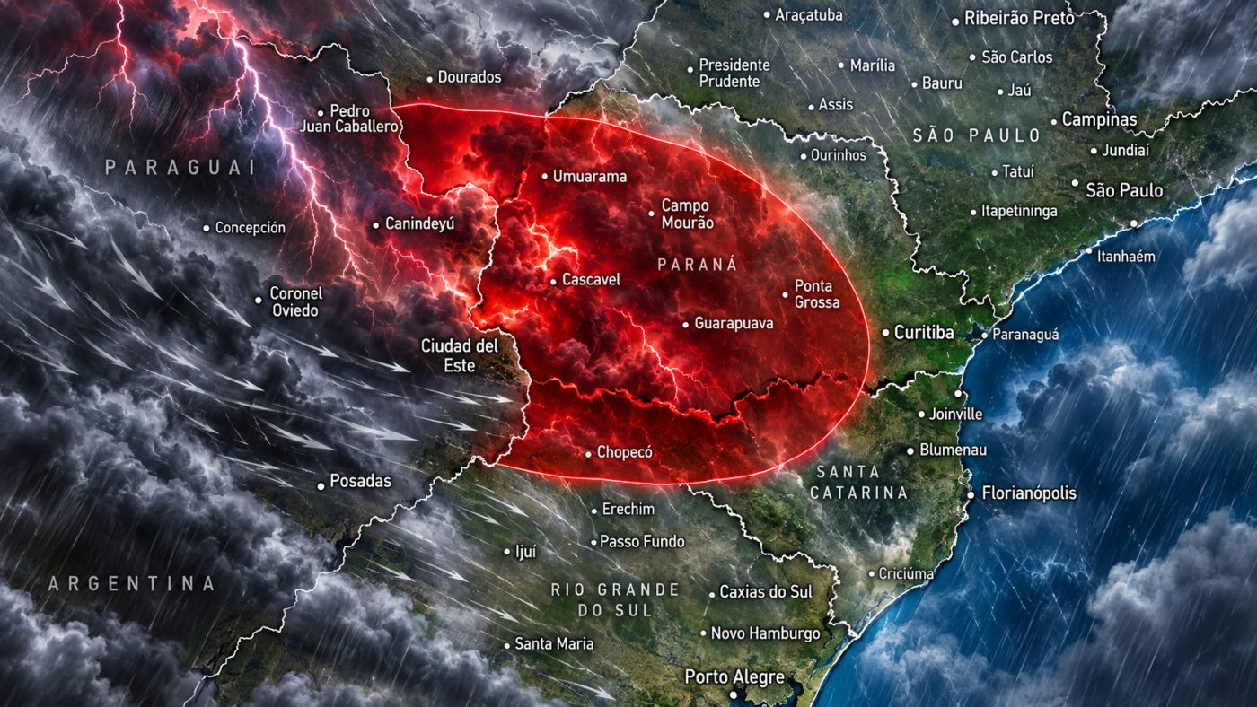 Área sob alerta de grande perigo para tempestades nesta quinta-feira (10), com previsão de chuva intensa, ventos acima de