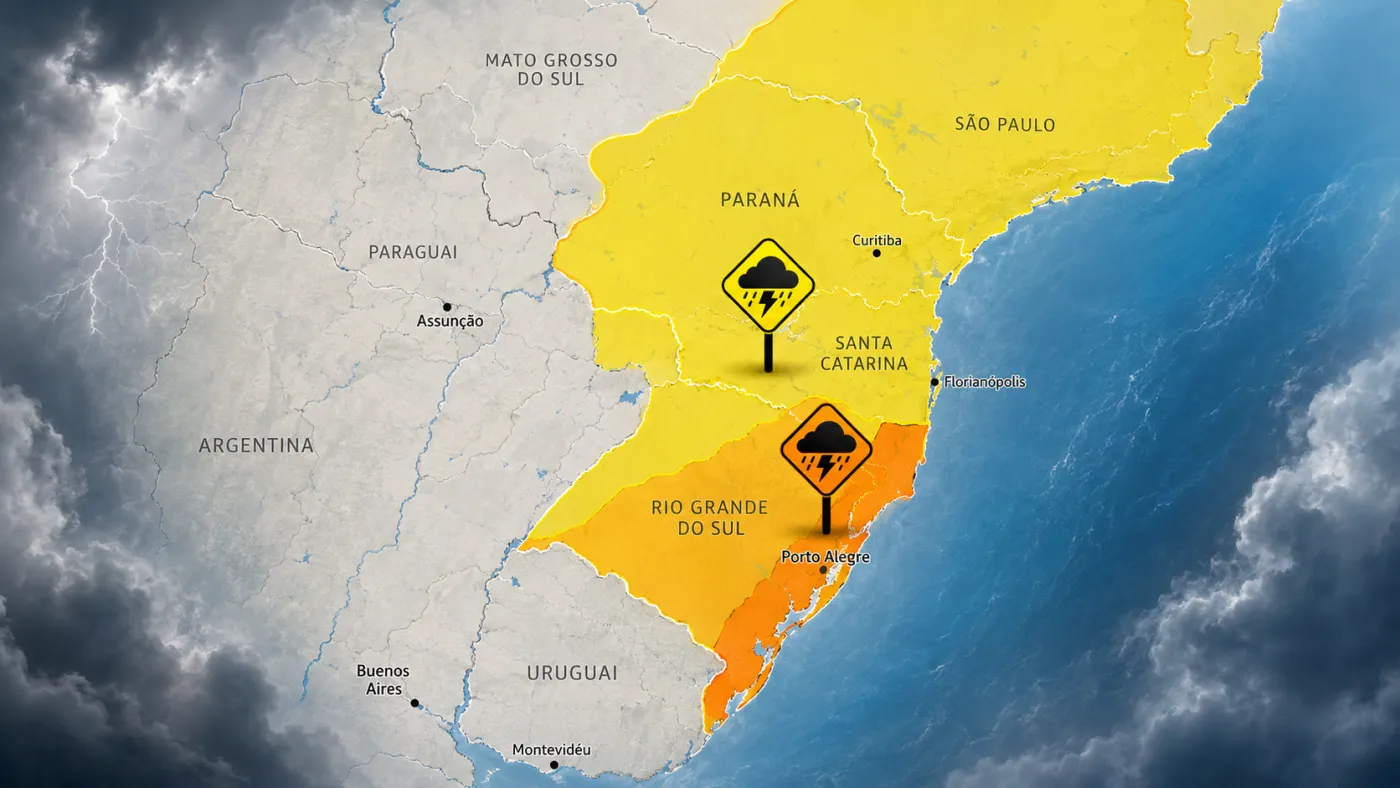 Áreas do Rio Grande do Sul e de Santa Catarina estão sob alerta de grande perigo para tempestades.