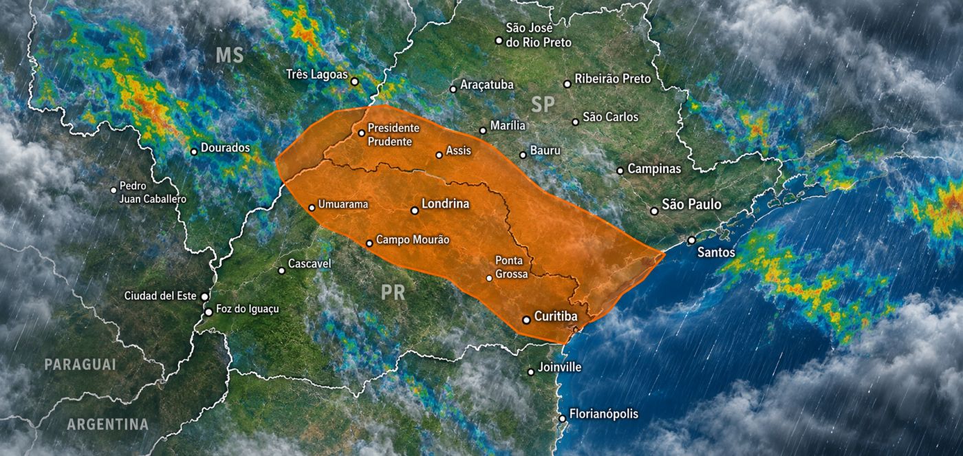 INMET emite alerta de perigo para acumulado de chuva neste domingo (13), com previsão de até 100 mm em áreas do Paraná, São
