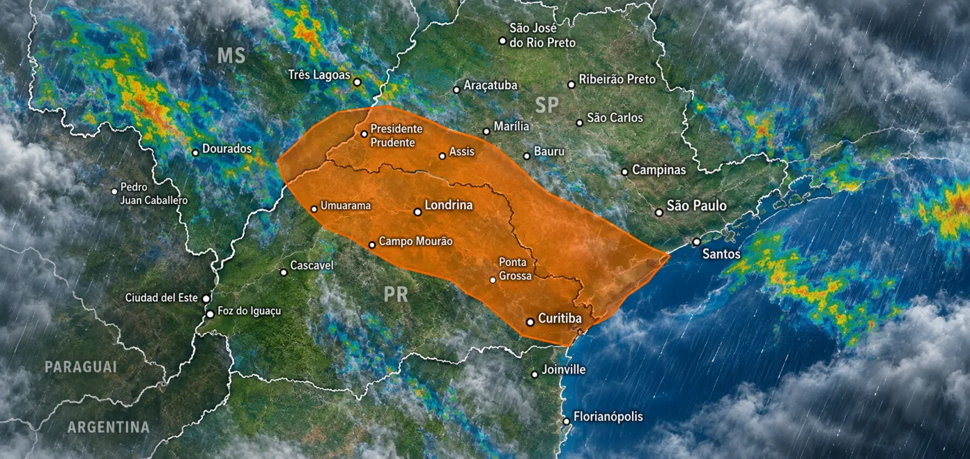 INMET emite alerta de perigo para acumulado de chuva neste domingo (13), com previsão de até 100 mm em áreas do Paraná, São Paulo e Mato Grosso do Sul.