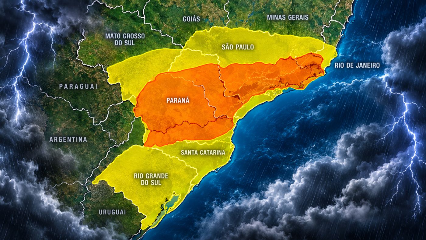 Alertas do INMET indicam risco de tempestades neste sábado (24), com destaque para áreas sob alerta laranja, onde são