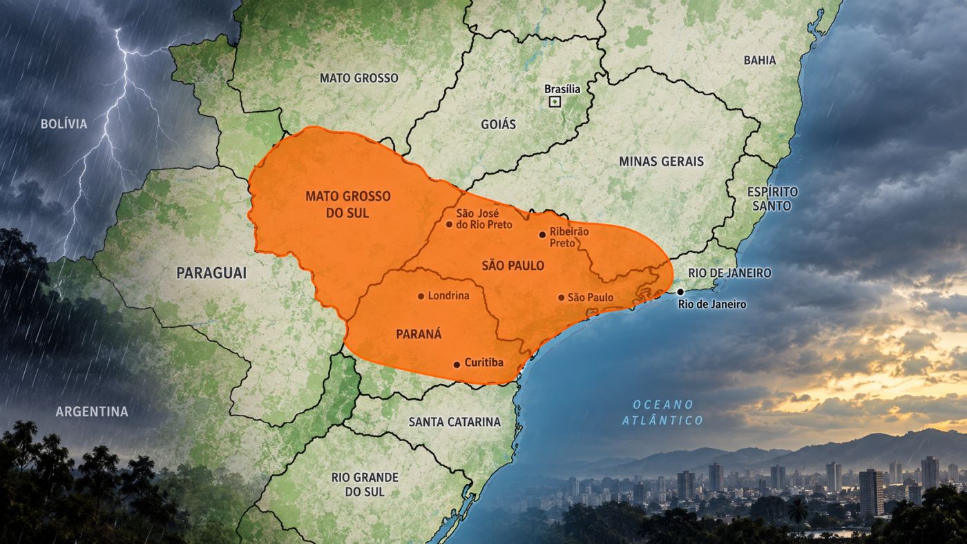 INMET emite alerta laranja para tempestades nesta terça-feira (22), com previsão de chuva intensa, ventos de até 100 km/h e
