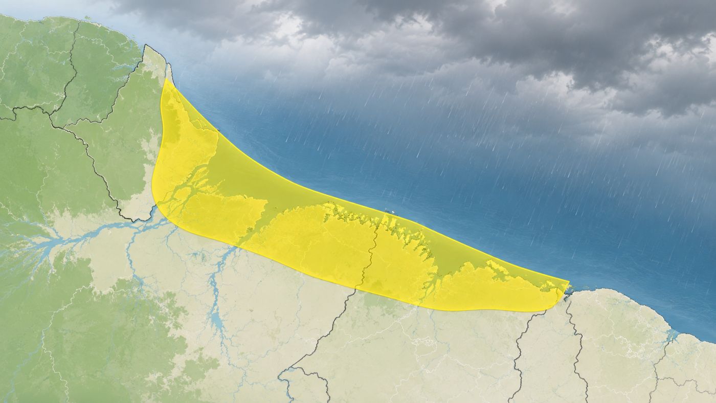 Alerta amarelo do Inmet prevê chuvas intensas e ventos de até 60 km/h em áreas do Pará, Maranhão e Amapá.
