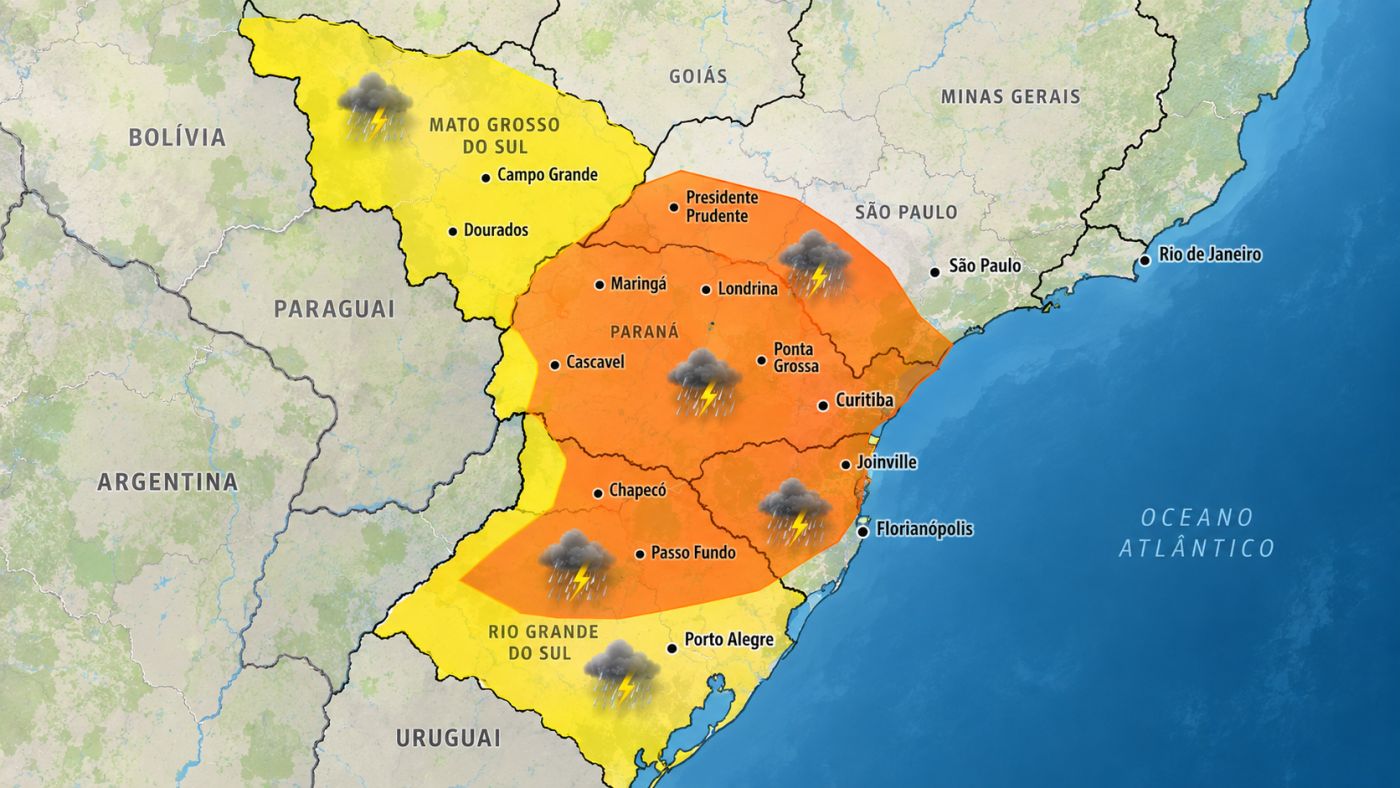 Áreas sob alerta de tempestade do INMET no Sul e Centro-Sul do Brasil. Imagem ilustrativa.