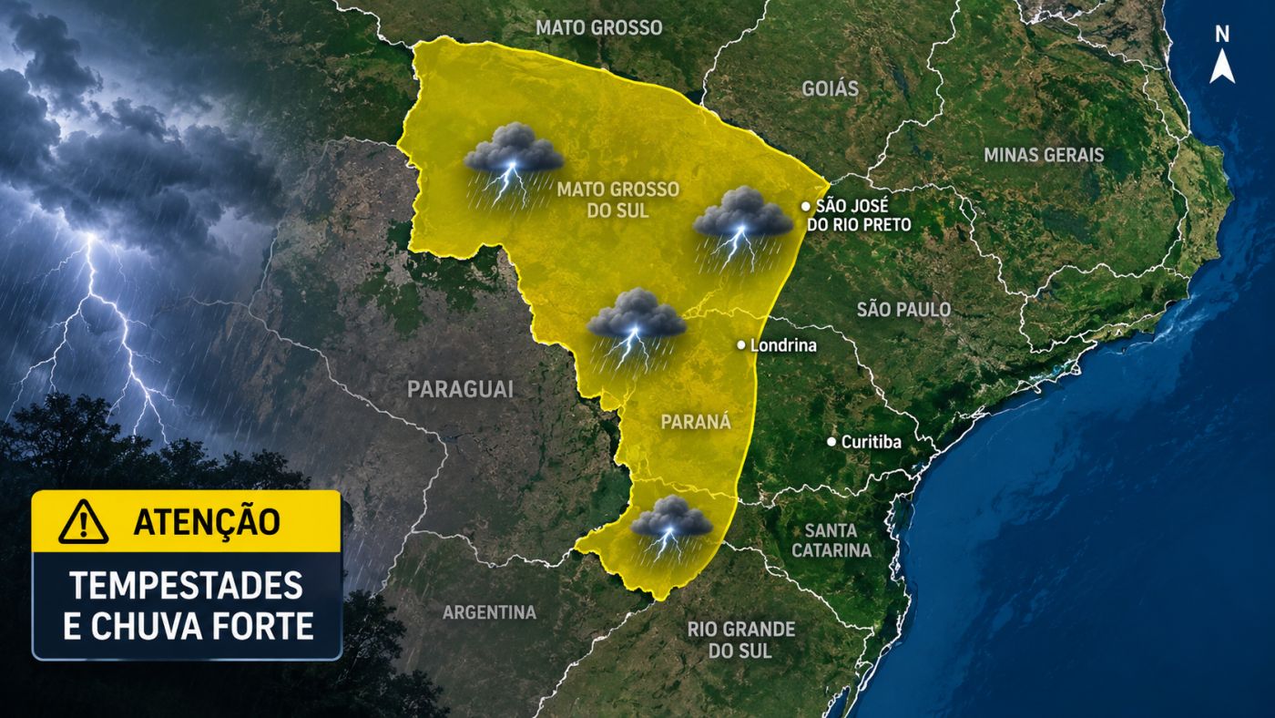 Aviso do INMET para esta sexta-feira (18) prevê chuva intensa, rajadas de vento e possibilidade de granizo em áreas do Sul,