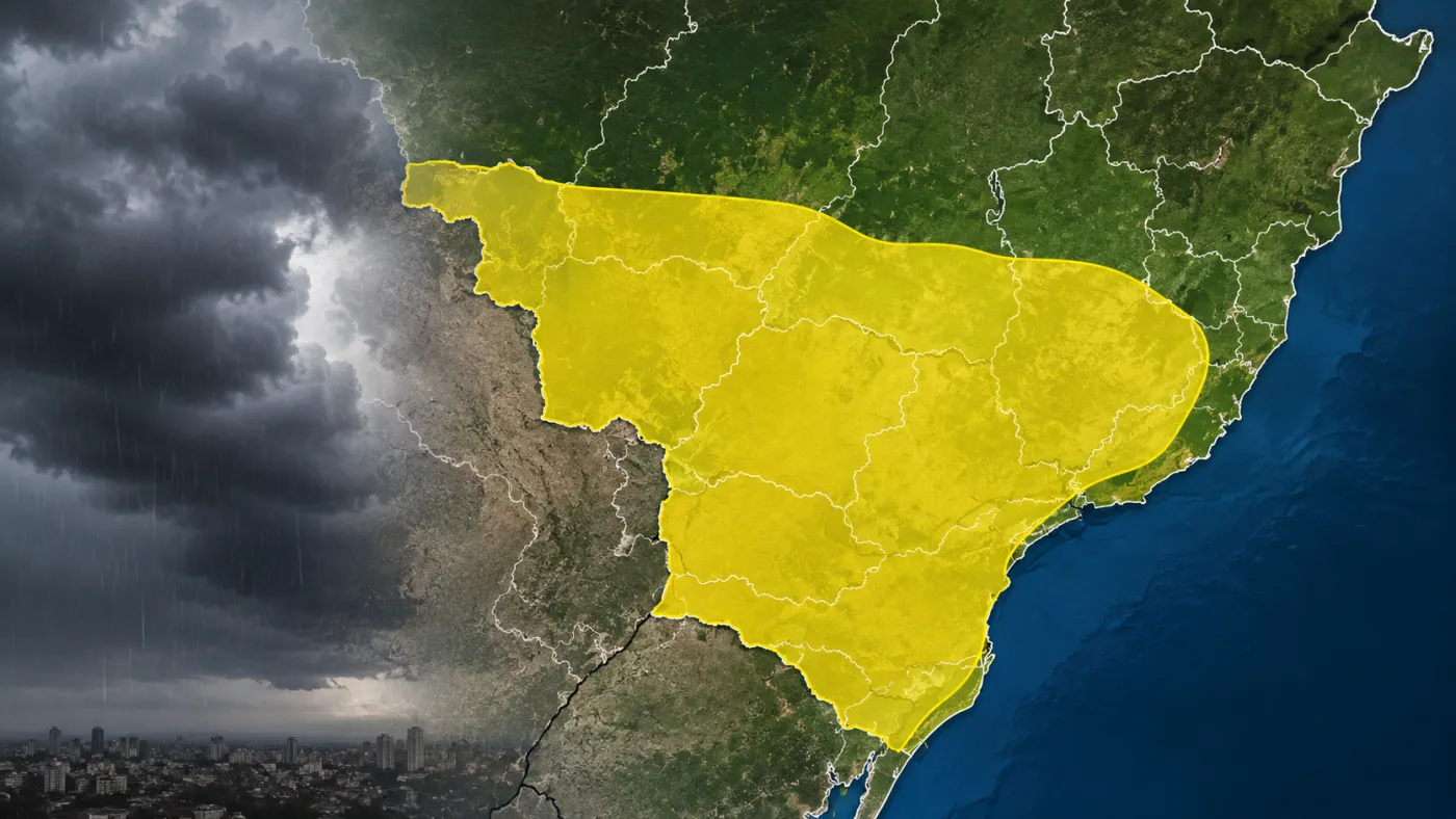 Aviso de tempestade do INMET indica perigo potencial em regiões do Sul, Sudeste e Centro-Oeste do país.