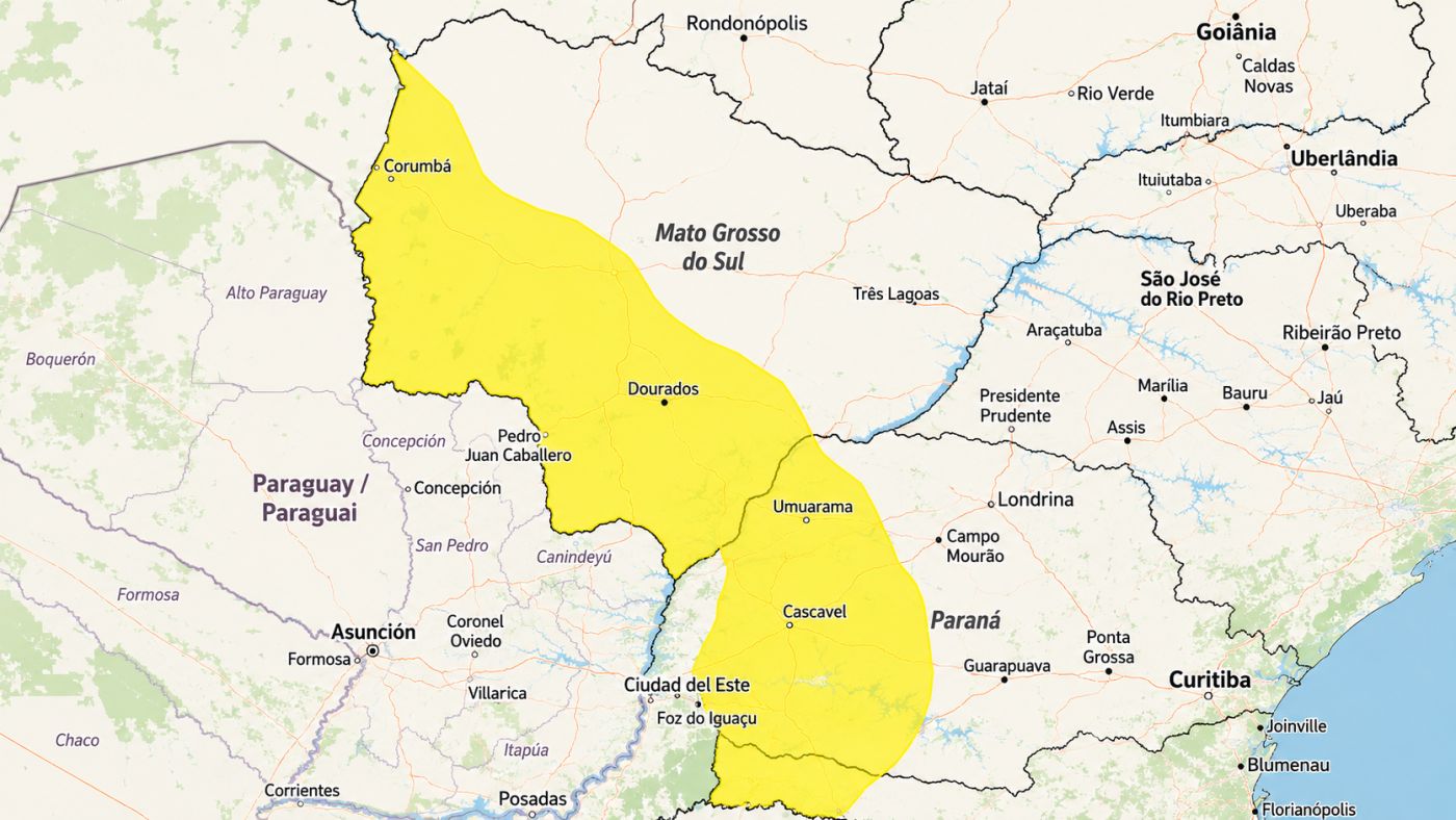 Aviso de tempestade do INMET indica risco de chuva intensa, ventos fortes e granizo em áreas do Sul e Centro-Oeste.