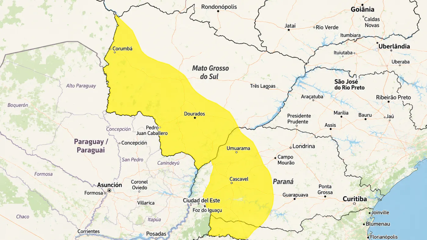 Aviso de tempestade do INMET indica risco de chuva intensa, ventos fortes e granizo em áreas do Sul e Centro-Oeste.