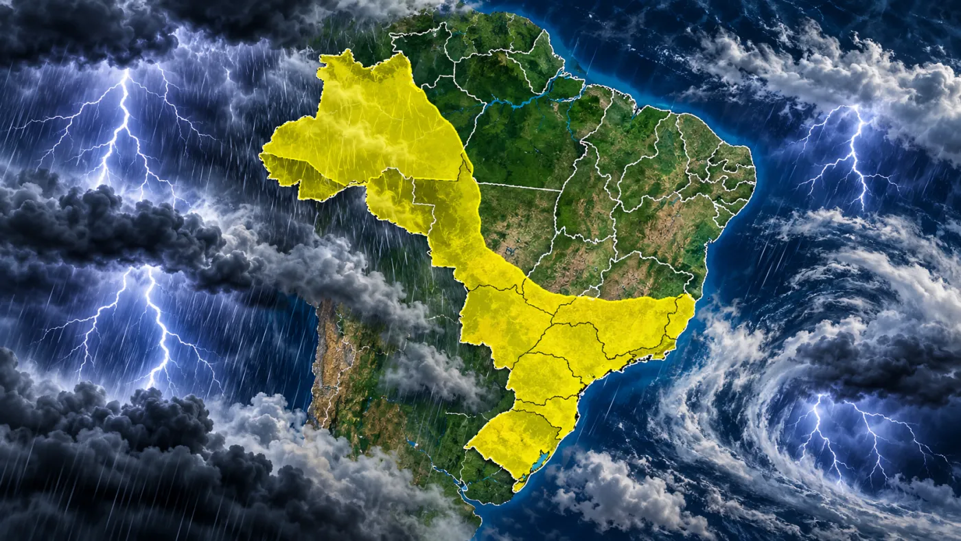 Alerta do INMET indica risco de tempestades nesta quinta-feira (22), com chuva de até 50 mm, ventos de até 60 km/h e possibilidade de granizo em áreas de 15 estados brasileiros. Imagem: Ilustração/ClickFato.