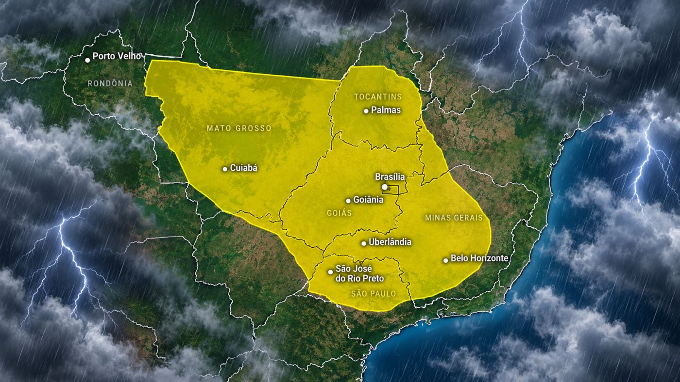 Alerta do INMET prevê chuva forte, ventos de até 60 km/h e possibilidade de granizo em uma extensa faixa de 8 estados e do