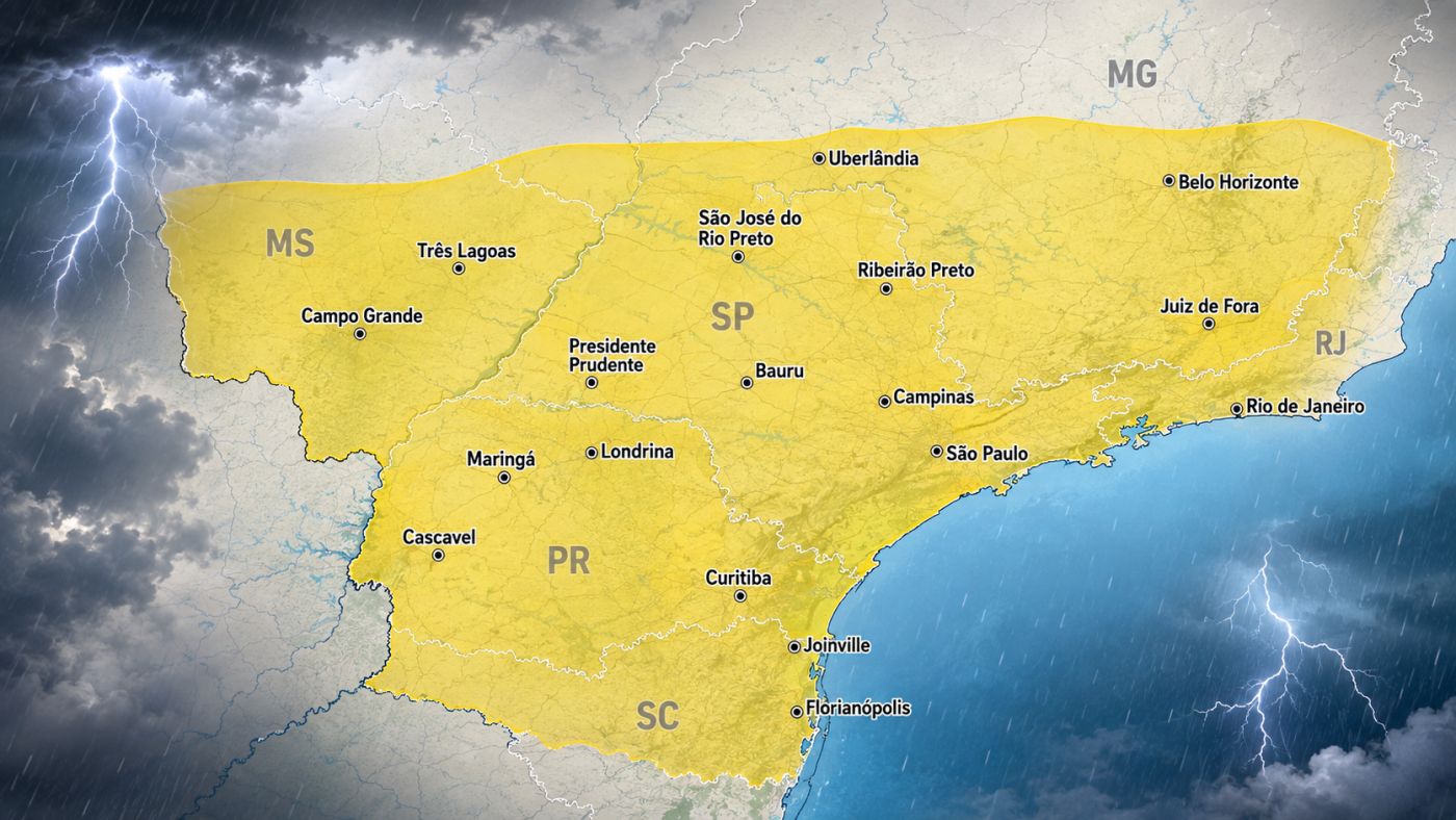 Legenda da foto: INMET emitiu alerta amarelo de tempestade válido para esta quarta-feira (26) em áreas de oito estados, com