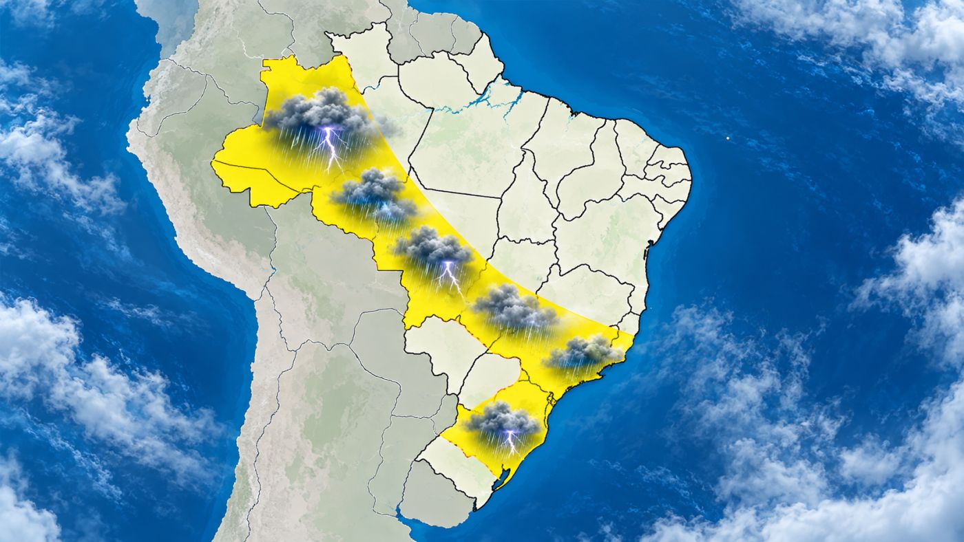 Imagem ilustrativa destaca a faixa sob risco de tempestades, com previsão de chuva intensa, raios e rajadas de vento em