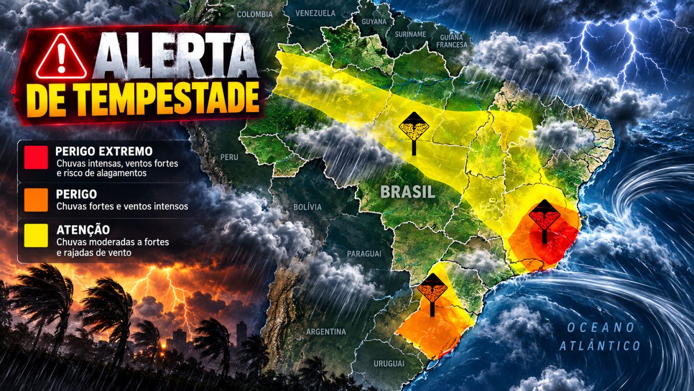 INMET emite alerta para tempestades, ventos de até 60 km/h e possibilidade de granizo em várias regiões do Brasil neste