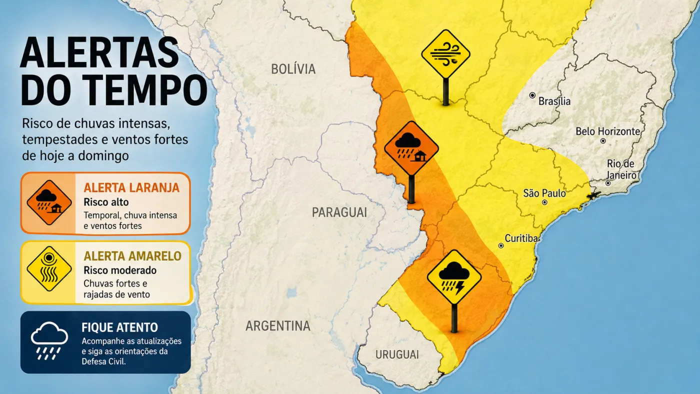 Alerta prevê chuva intensa, ventos fortes e possibilidade de granizo até domingo.