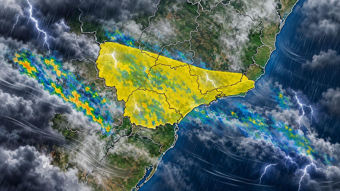 INMET emite aviso amarelo para tempestades neste domingo (13), com previsão de chuva intensa, rajadas de vento e