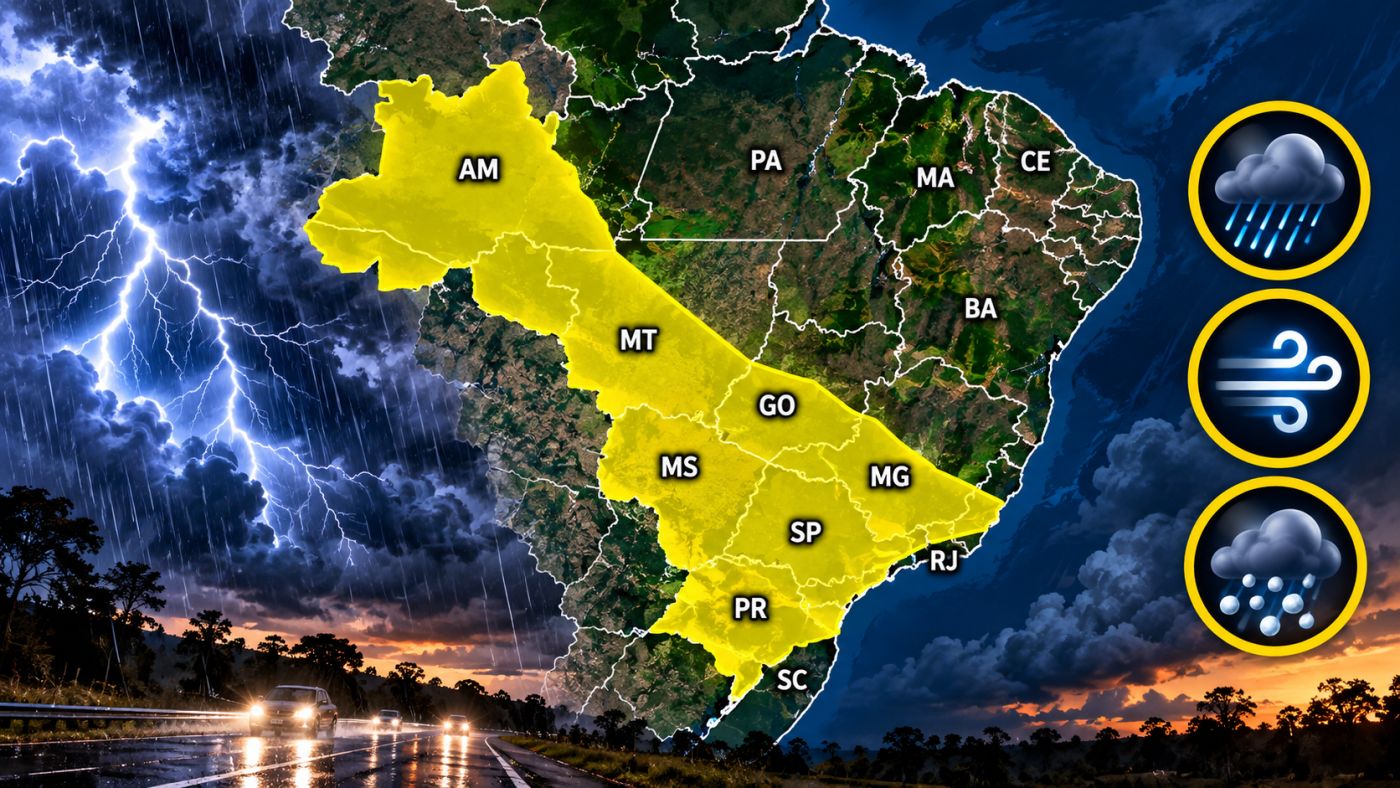 Legenda: Alerta amarelo de tempestade atinge uma extensa área do Brasil nesta quarta-feira (30). Imagem ilustrativa: