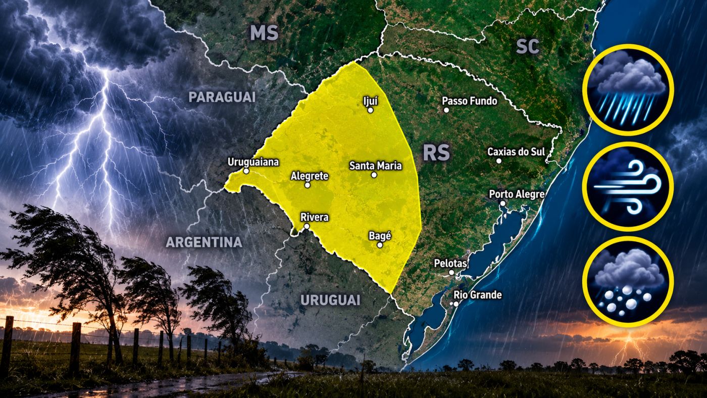 Alerta de tempestade atinge áreas do Rio Grande do Sul neste sábado (26). Imagem ilustrativa: ClickFato/IA.