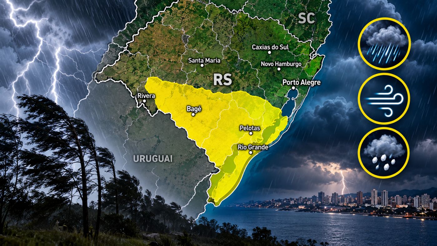Alerta de tempestade no RS. Imagem ilustrativa: ClickFato/IA.