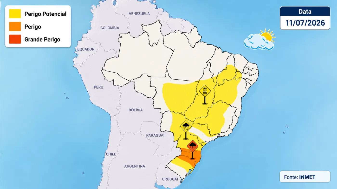 Mapas do INMET mostram áreas do Sul e regiões vizinhas sob alerta de tempestade neste sábado.