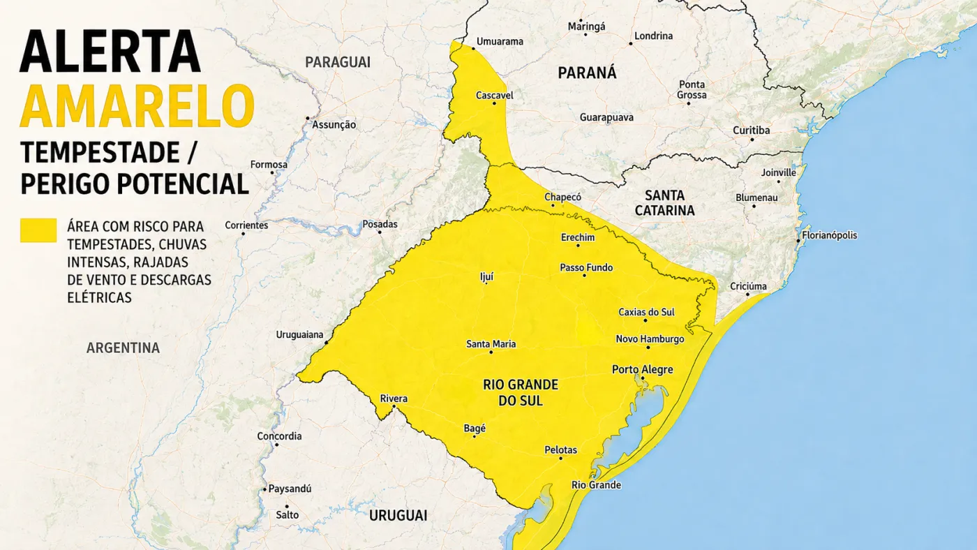 Aviso de tempestade do INMET indica risco de chuva forte, ventos intensos e granizo em áreas do Sul e parte do Centro-Oeste.