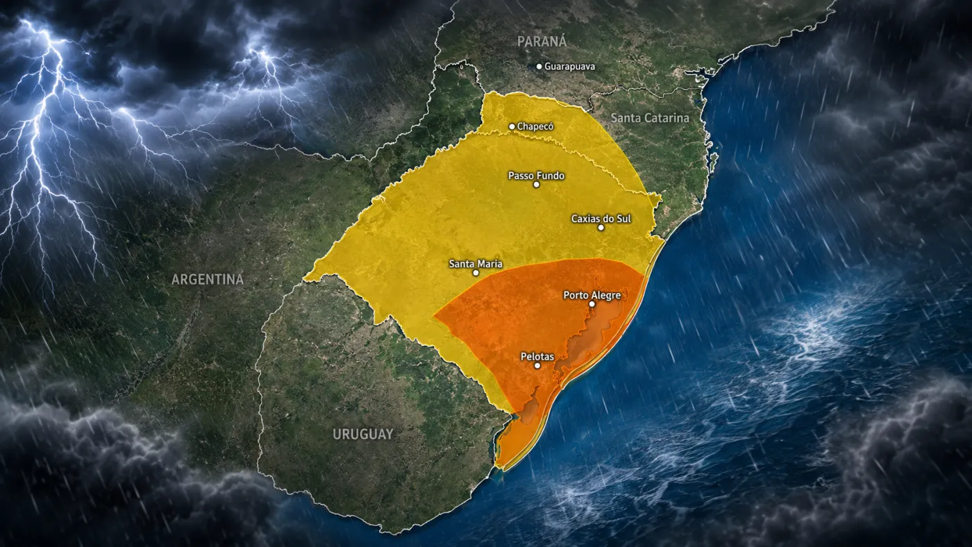 INMET mantém alertas de tempestade para áreas do Paraná, Santa Catarina e Rio Grande do Sul nesta quinta-feira (27).