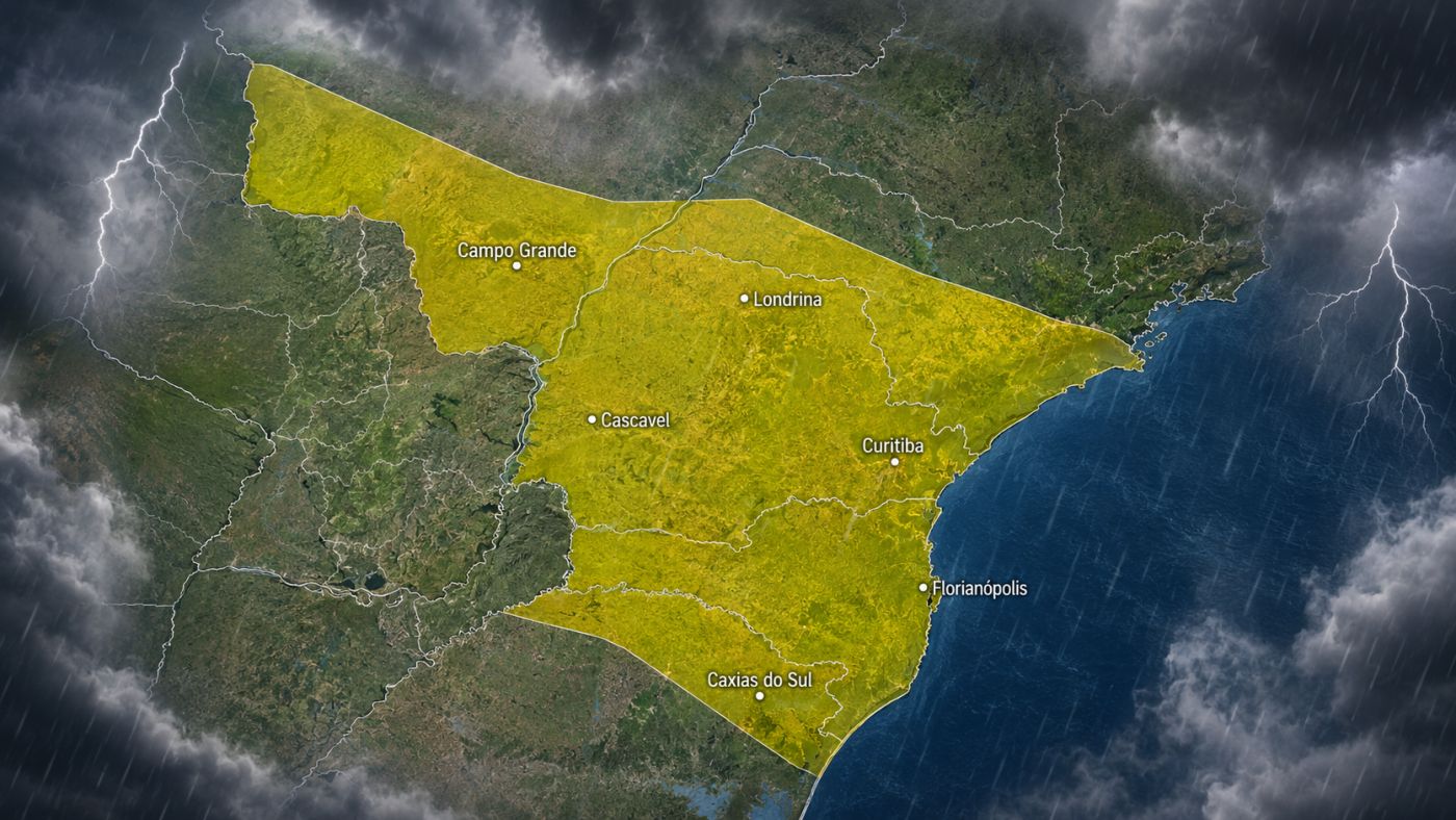 Alerta do INMET prevê chuva forte, rajadas de até 60 km/h e possibilidade de granizo em áreas de cinco estados nesta