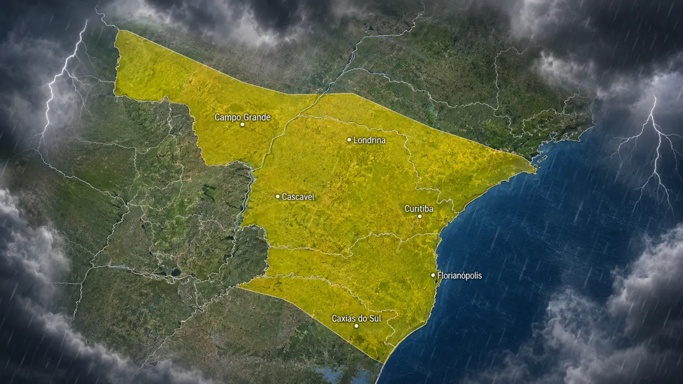 Alerta do INMET prevê chuva forte, rajadas de até 60 km/h e possibilidade de granizo em áreas de cinco estados nesta sexta-feira (4).