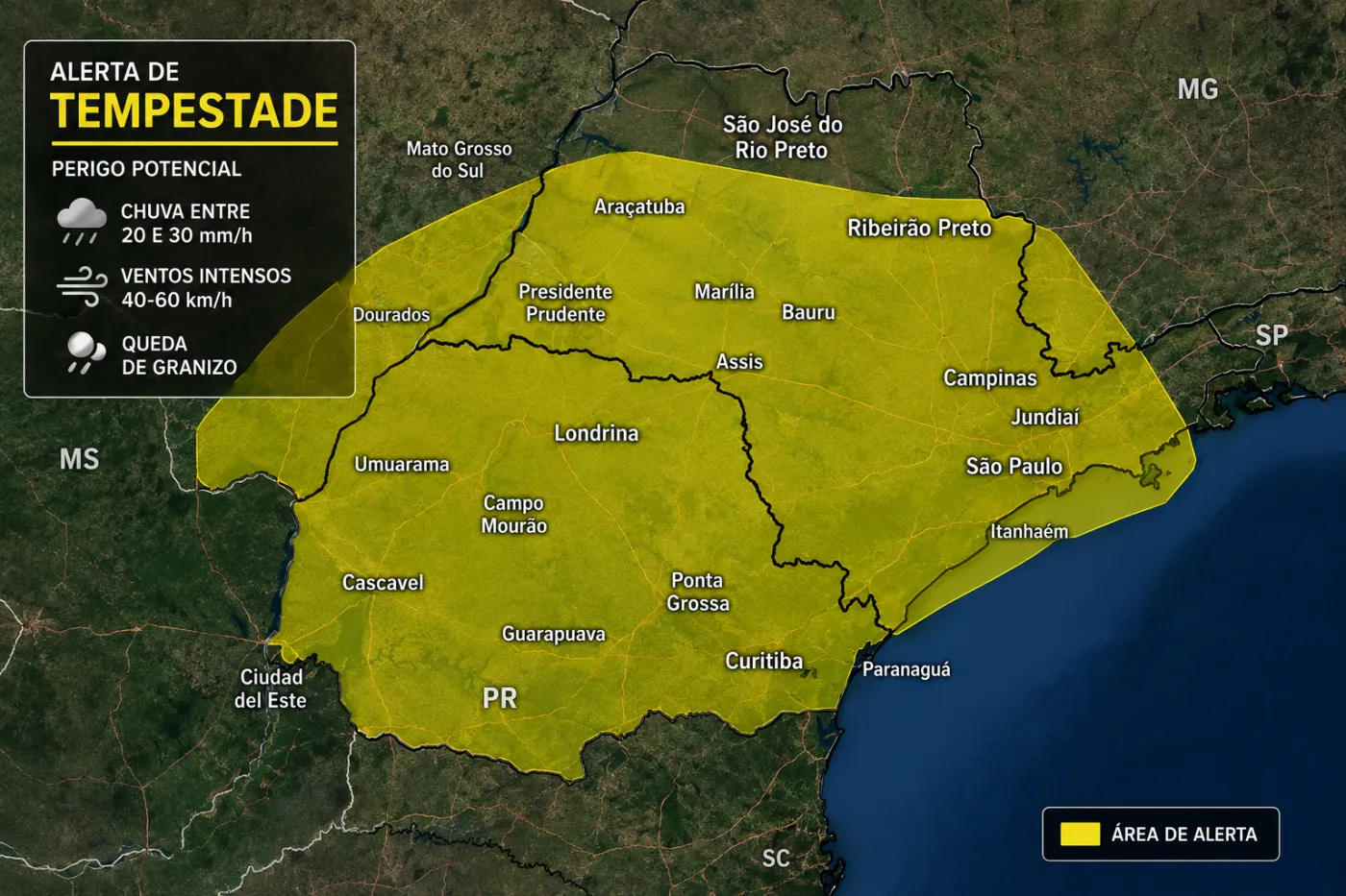 Alerta amarelo do INMET prevê chuva intensa, ventos de até 60 km/h e possibilidade de granizo em municípios de quatro estados.